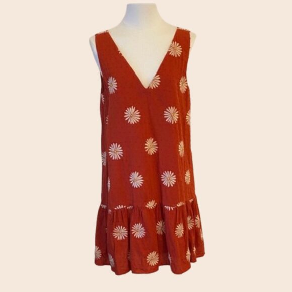 Loft Burnt Orange Daisy Embroidered Floral Mini Swing Dress Size Small - Picture 1 of 13